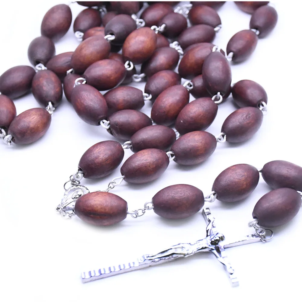 Wine Red Jujube Beads Wall Hanging Rosary Necklace Religious Decoration Catholic Cross Church