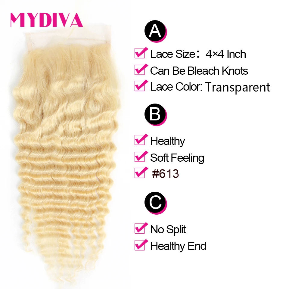 Brazilian Deep Wave Human Hair Lace Closure With Baby Hair 613 Blonde Lace Closure 8-20 Inch Medium Ratio Remy Hair Mydiva