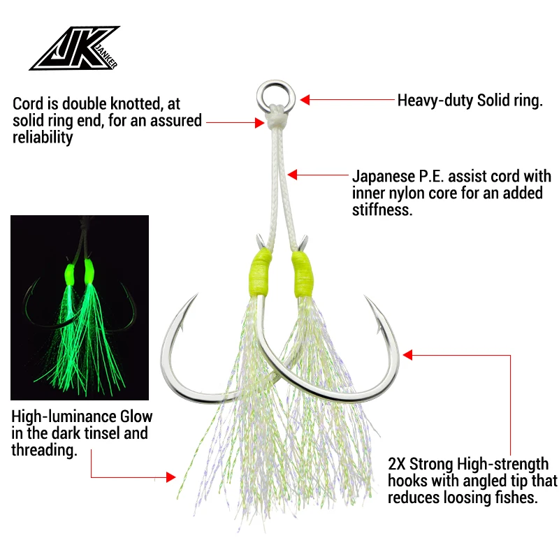 5packs Slow Jigging Twin Assist Hook Glow Saltwater Double Hooks 1/0 2/0 3/0 4/0 5/0 Fishhooks Fishing Tackle