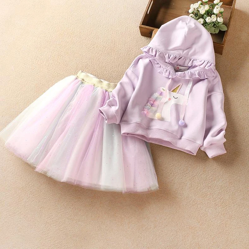 Cute Unicorn Long Sleeve Hoodie+Skirt 2Pcs Baby Girl Clothing Sets Christmas Party Rainbow Mesh Tutu Princess Girls Skirt Suits