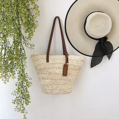 Women Handbag Straw Bags Female Women Shoulder Bag Big Totes Knitted Woven Design Bucket INS Style Casual Summer Beach Bag Boho