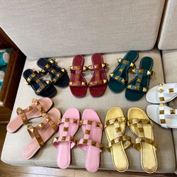 2021 New Round Toe Open Toe Flat Women's Shoes Large Rivet Sandals Women's Large Size Slippers