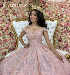 Charming Pink Sparkly Off The Shoulder Ball Gown Beaded Sequined Quinceanera Dress Princess Sweet 16 15 Year Girl Party Dresses