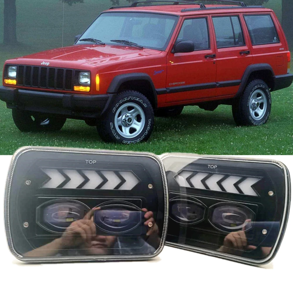 2pc Led 5x7 7X6 Inch Retangular High Low DRL Square Headlight for Jeep Cherokee XJ Wrangler Truck 4X4 Arrow Amber Signal Lights