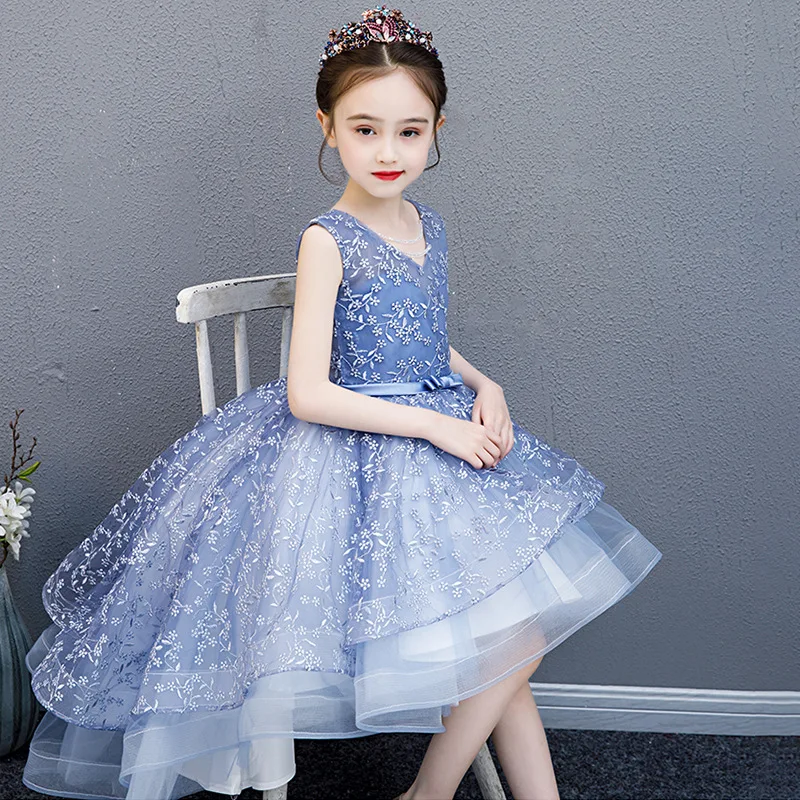 Girl Wedding Party Flower Girl Bridesmaid Embroidery Tail Dress Princess Birthday Host Walking Piano Performance Dress