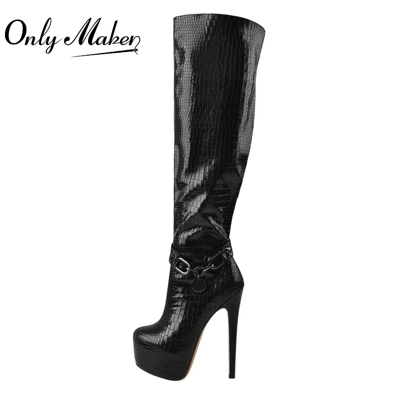 

Onlymaker Thin High Heel Over The Knee Boots Lady Black PU Crocodile Print Metal Chain Decoration Zipper Winter Women Boots