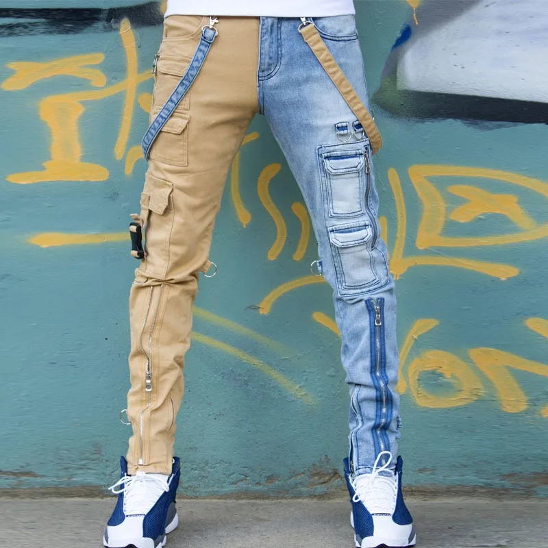Patchwork Jeans Men Washed Skinny Jeans Men's Trendy Slim Straight Trousers Zipper Cargo Pants Boys Fashion Street Hip Hop Pants