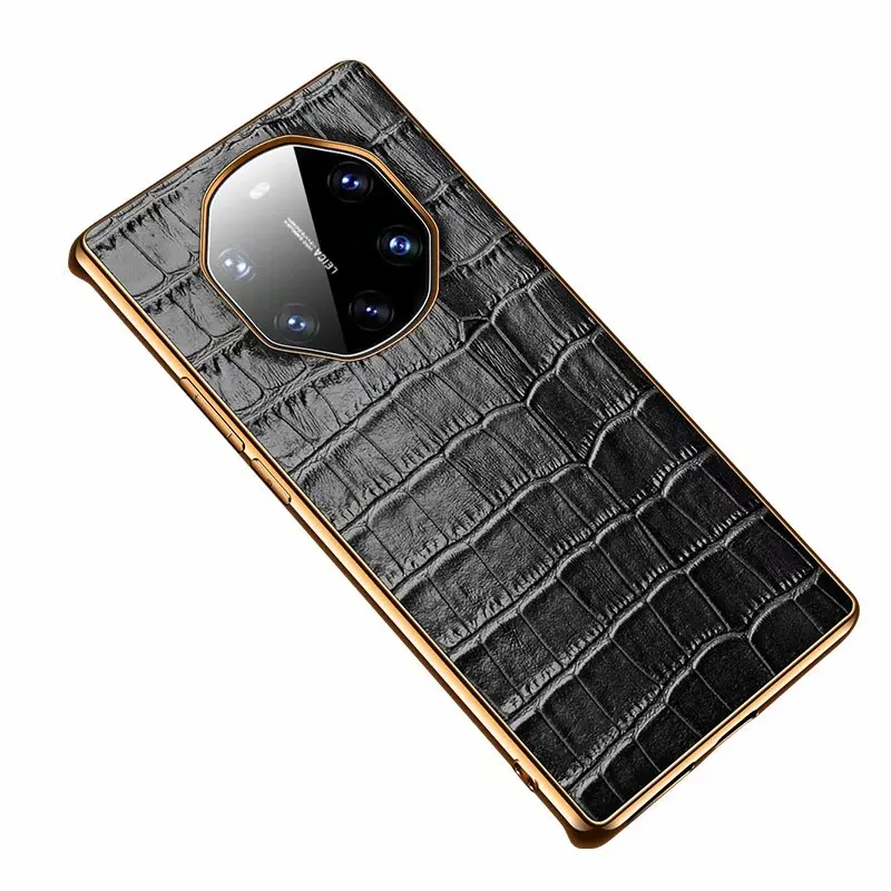 Shockproof Full Protective Genuine Leather Crocodile Case Cover for Huawei Mate 30 Pro 40 RS Gold TPU Frame