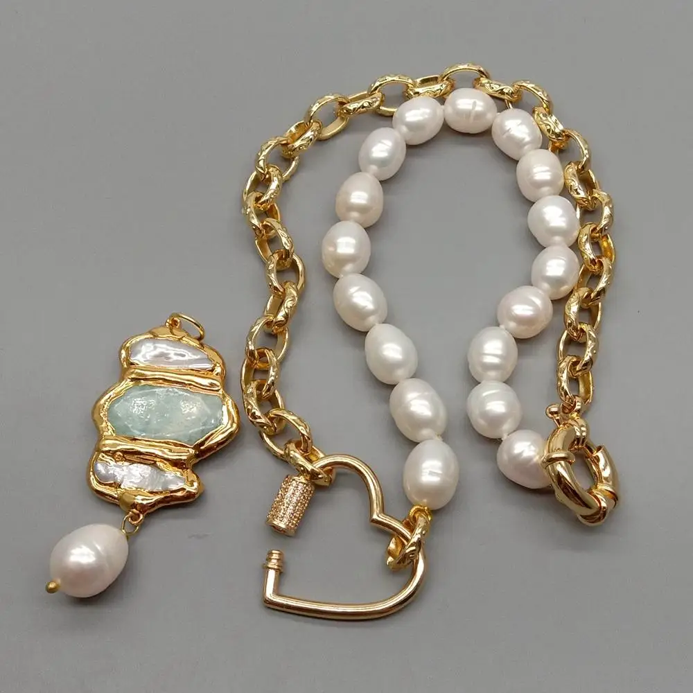 Natural White Biwa Freshwater Pearl Amazonite Pendant White Rice Freshwater Pearl Gold Color Plated Chain Statement Necklace 19'