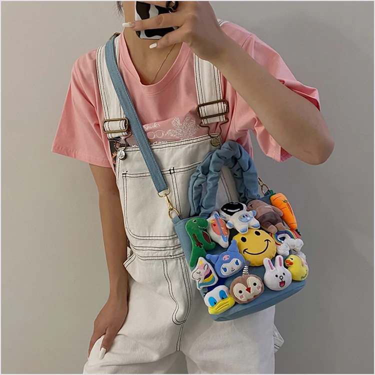 Cute Japanese Cartoon Canvas Bag Women Bags Bucket Bag Kawaii Plush Pendant Shoulder Bags Messenger Bag High Capacity Side Bag