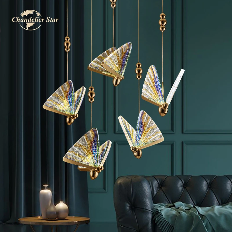 

Nordic LED Colorful Butterfly Chandeliers Modern Metal Acrylic Pendant Lights Fixture Bedroom Living Room Staircase Lamps Lustre