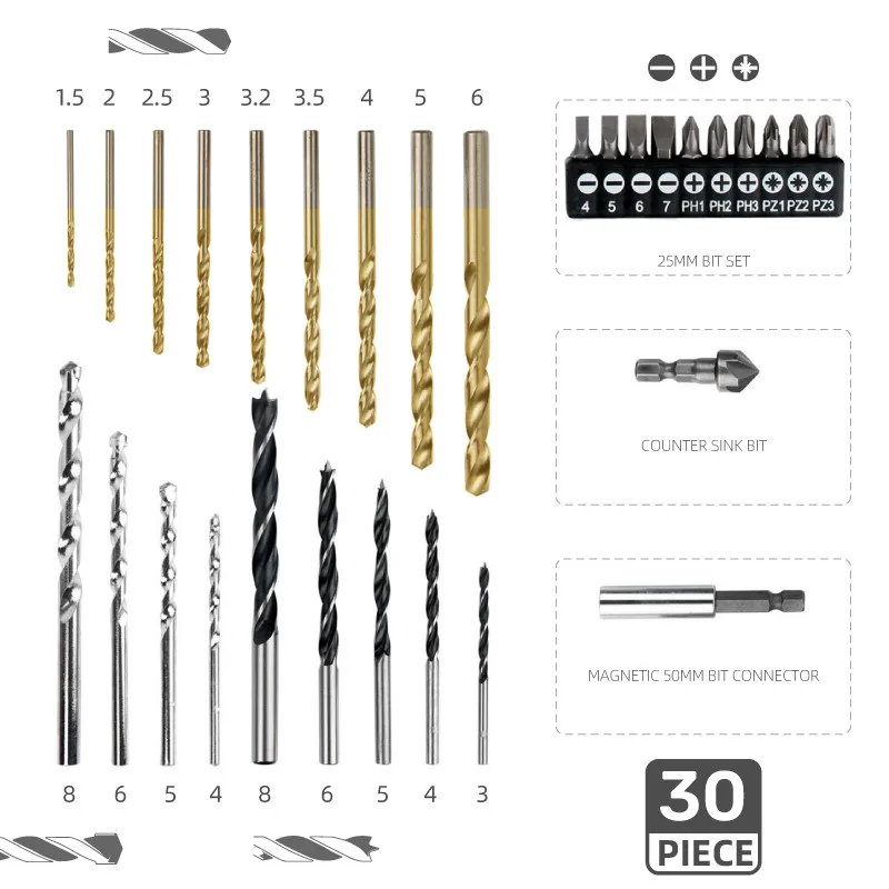 30pc Woodworking Wood Drills Twist Drill Bit HSS Metal Drill Bits 1/4 Titanium for Metal Wood Plastic In Case Household Tools