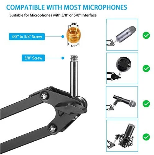 Heavy Duty Microphone Stand, Adjustable Suspension Scissor Arm Stand with Shock Mount Mic Clip Holder Pop Filter 3/8’’ to 5/8’’