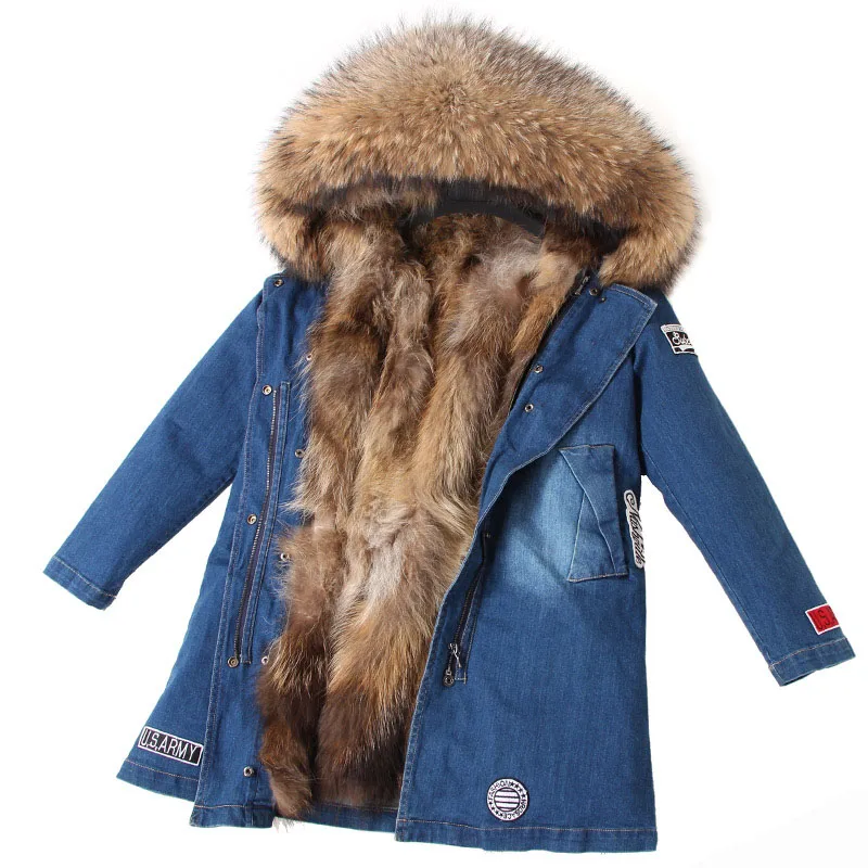 2024 maomaokong inverno feminino forro de pele de coelho gola de pele de guaxinim casaco jeans mulher parkas pele espessada jaqueta de pele jeans longa