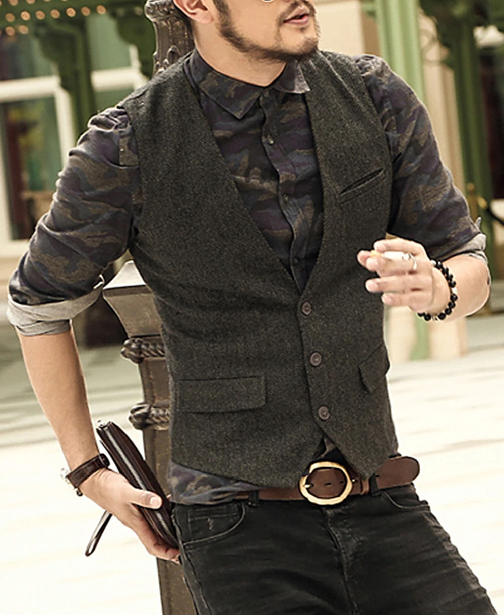 Suit Men Vest V Neck Wool Brown Grey Formal Single-breasted Waistcoat Casual Business Groomman For Wedding Vest