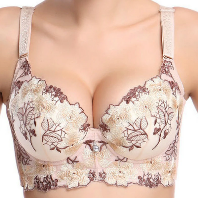 Embroidery Flower Lace Push Up Bra Set Matching Panties Women Wide Strap Cotton Iner Cup Lingerie Bralette Sexy Soutient Gorge