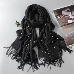 Sciarpa invernale in Cashmere 2022 con perle nappe da donna avvolge e scialli lungo Hijab musulmano Foulard Femme perline di lana Pashmina