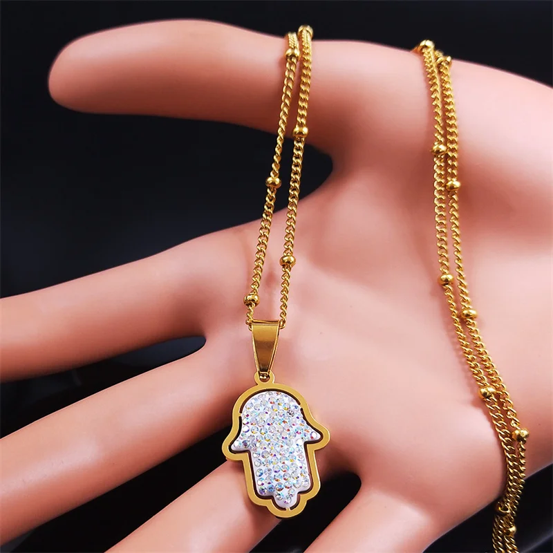 Stainless Steel White Crystal Fatima Hand Necklaces Women Hamsa Pendant Necklaces Jewelry main de fatma acier inoxydable N8046