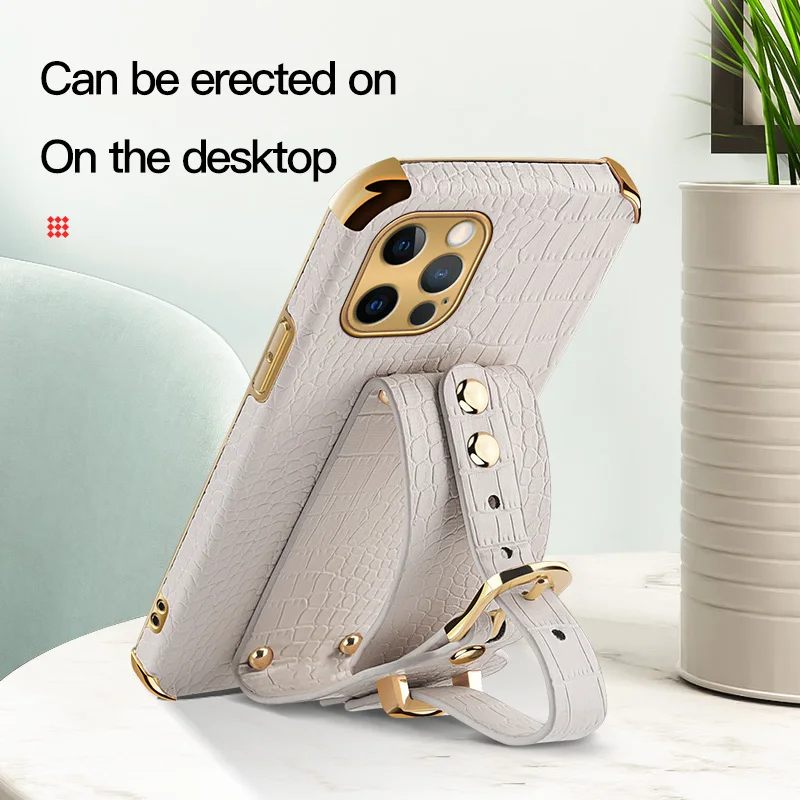 Wrist Strap Crocodile Leather Case For iPhone 16 15 14 13 12 Pro Mini Max X XS Max XR 11Pro 7 8 Plus SE Stand Holder Phone Cover