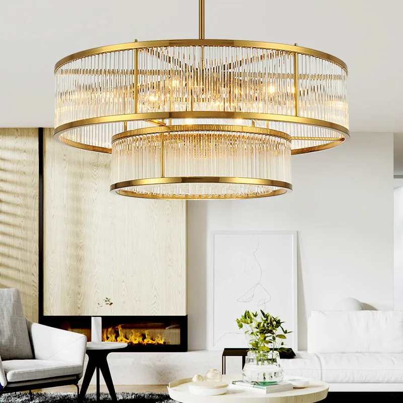 

American Plate Metal Led E14 Pendant Lights 2 Layers Living Room Gold Lustre Led Pendant Lamp Rod Hanging Lamp Fixtures