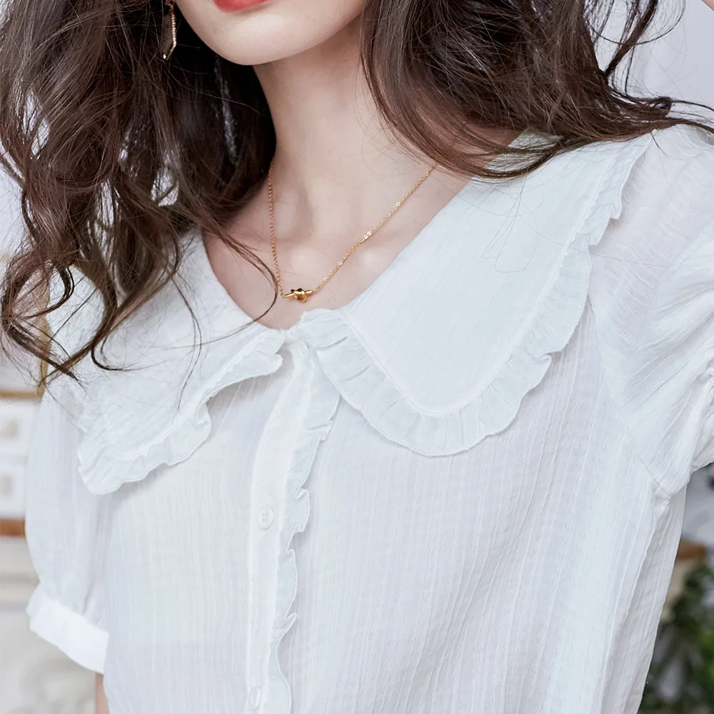 Sweet Design Temperament Short Sleeve Blouse Women Summer Commuter Style Doll Collar Puff Sleeve Ruffle Shirt