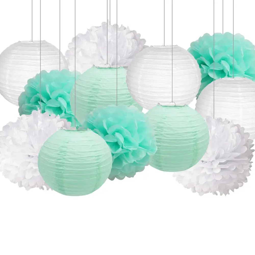 

12 pcs Paper Hanging Set Mixed White Mint Green 12" Paper Lanterns 14" Poms Paper Flower for Diy Wedding Babyshower Party Decor