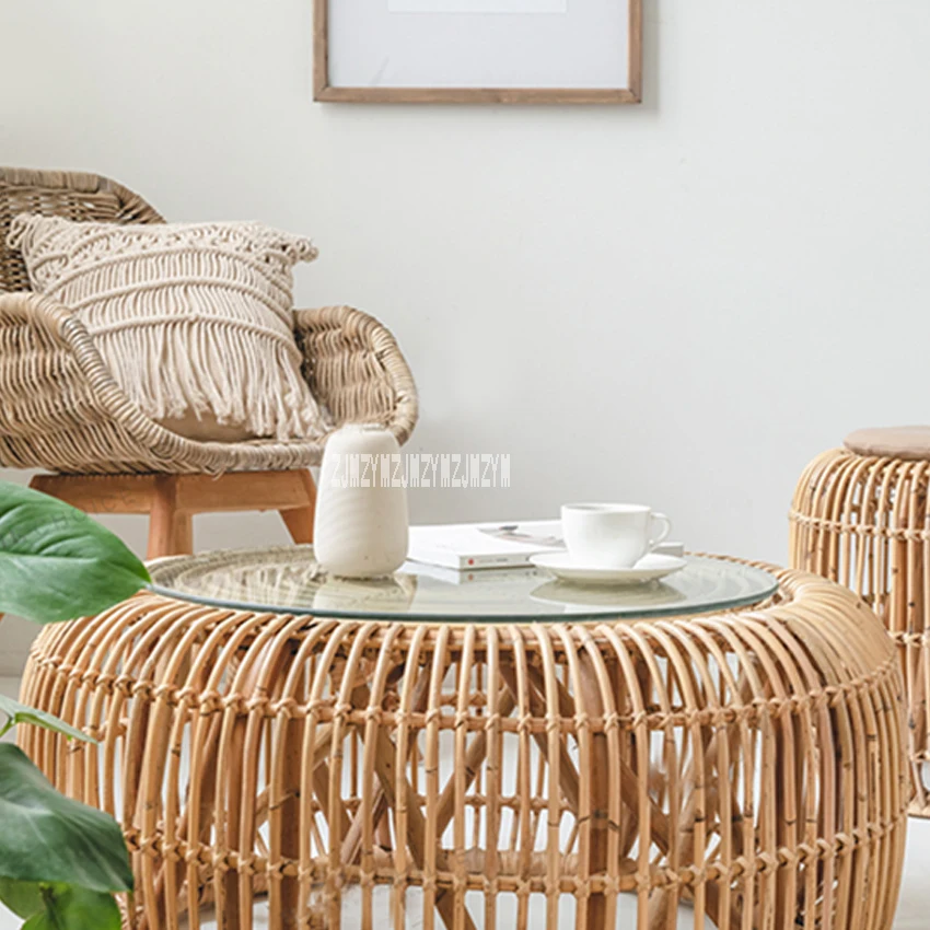 Round Rattan Coffee Table Hand-Woven Portable Living Room Real Rattan Tea Table Modern Minimalist Style Small Wicker Table