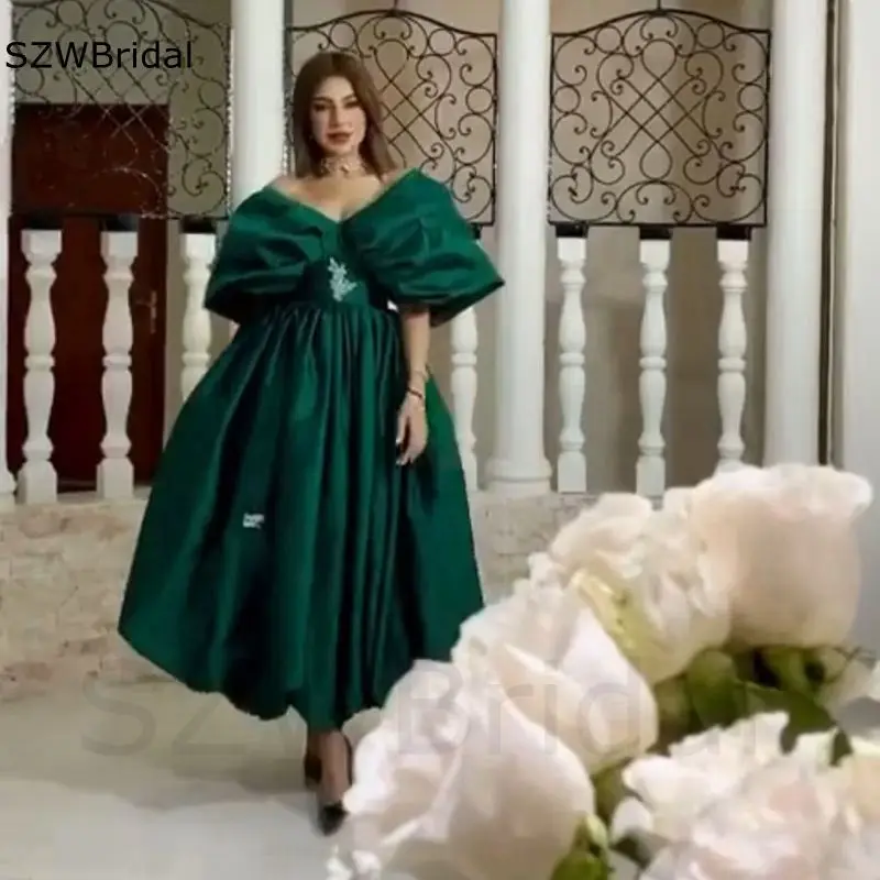 Custom made Satin V Neck Green Evening dresses for women party Avondjurken Abendkleider  dubai evening dress Plus size