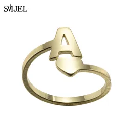 SMJEL Tiny Heart A-Z Letter Rings Adjustable Stainless Steel Opening Ring Initials Name Alphabet Female Party Trendy Jewelry