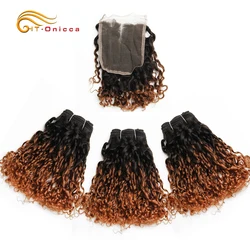 Mèches Brésiliennes Naturelles Remy avec Closure, Cheveux Humains, Couleur Blond Ombré 1B 30, Boucles Pixie, 240 g/Lot, 3 Lots