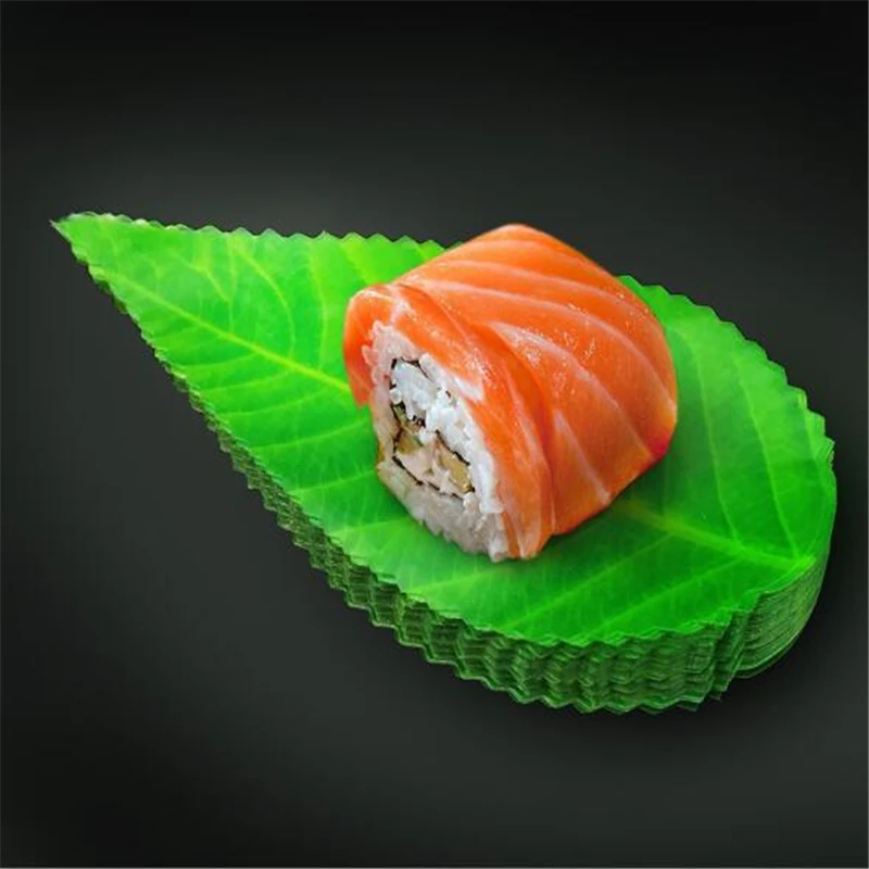 200 Stück grünes Blatt japanisches Essen Sushi Dekoration Blätter Sushi Gras kreative Plastik blatt Sushi Sashimi Dekor Werkzeuge