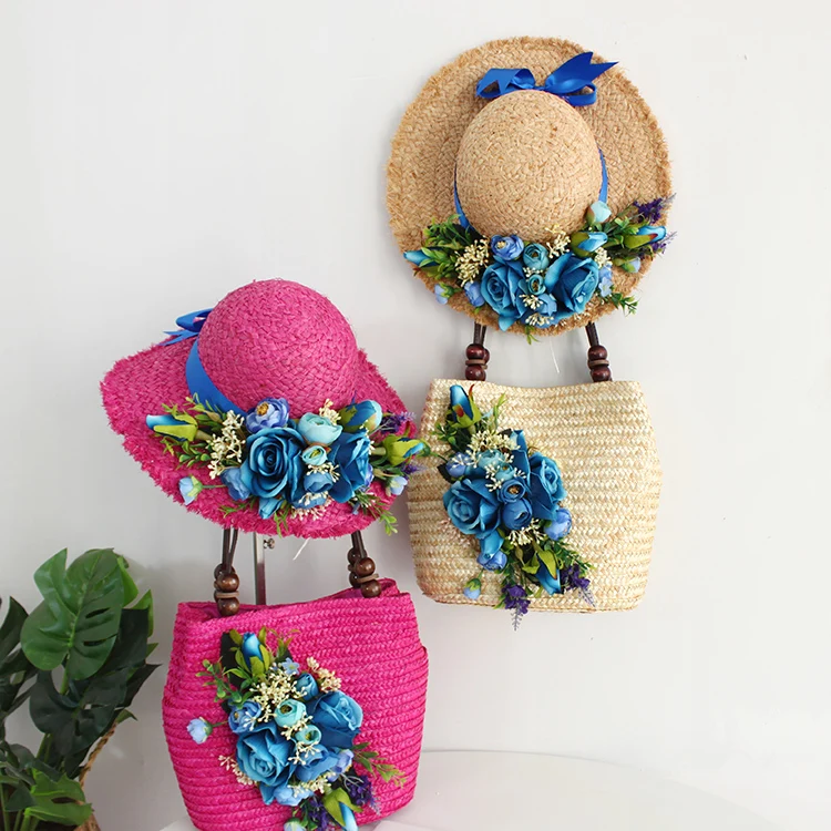 Bolsa feminina rattan, moda verão palha azul flores artificiais cravejadas bolsa de ombro chapéu