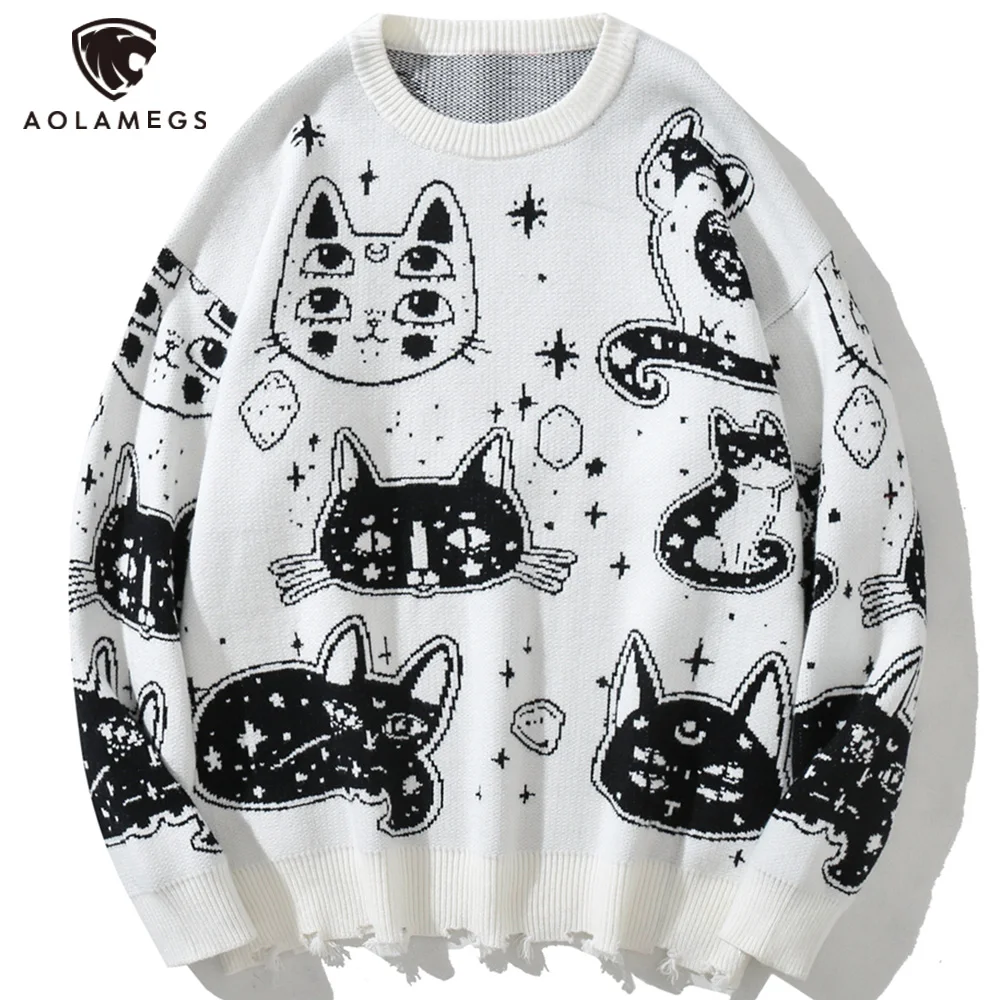 Aolamegs Sweaters Men Japanese Retro Cute Cat O-Neck Jumpers Advanced College Style Fashion Knitted Tops Loose Casual Streetwear