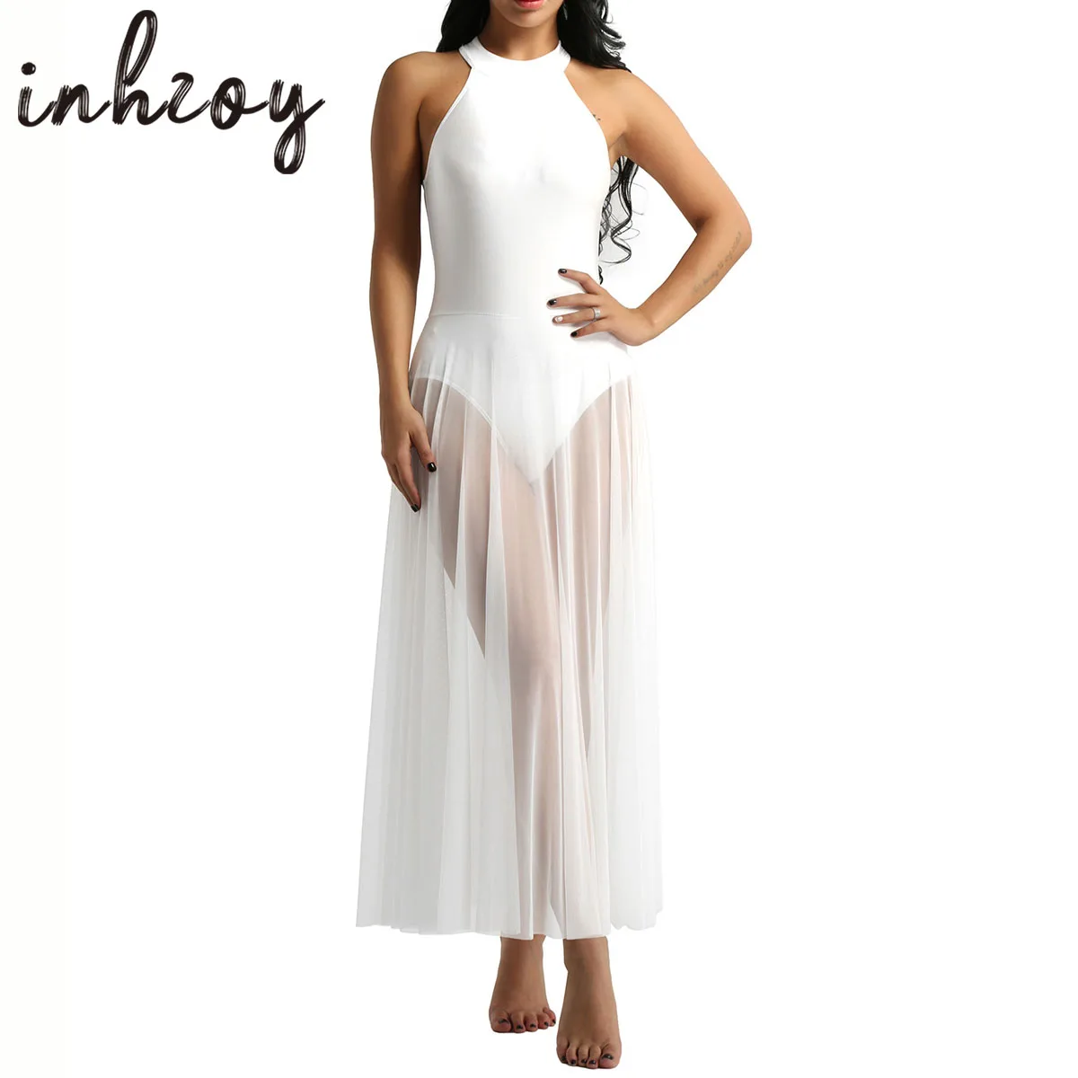 

Women Elegant Ballet Leotard Dress Ballerina Sleeveless Lyrical Gymnastic Dance Mesh Long Dresses