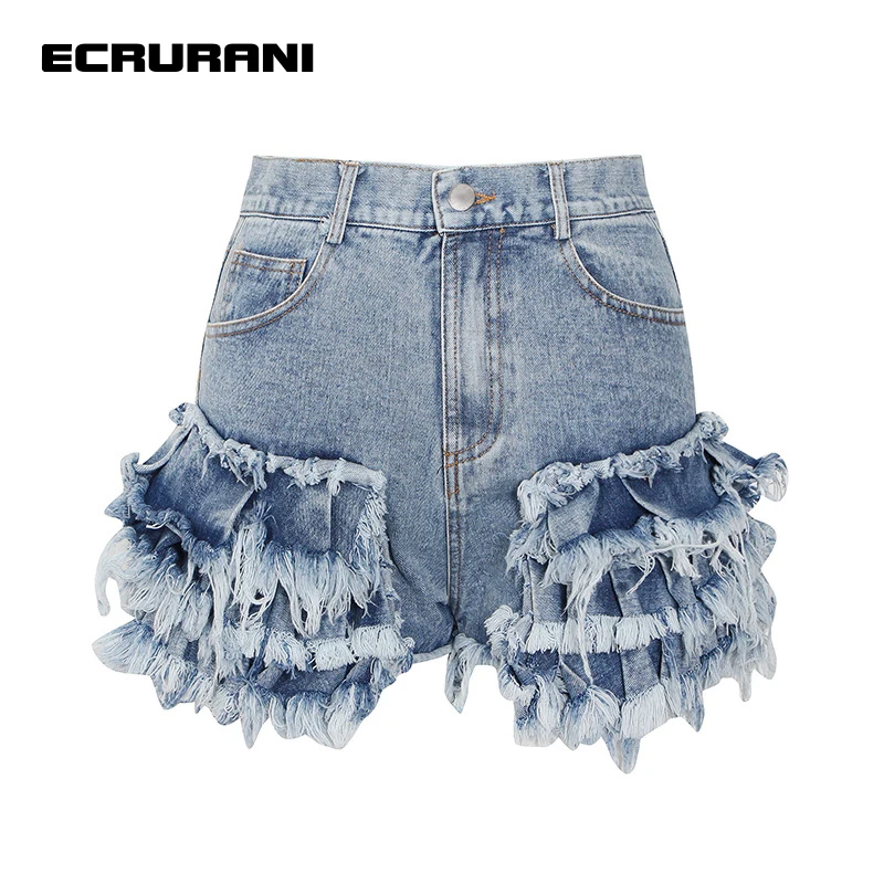 Ecrurani-女性用ブルーデニムショーツ,ハイウエストタッセル,カジュアル,非対称,ショートパンツ,サマーファッション2022