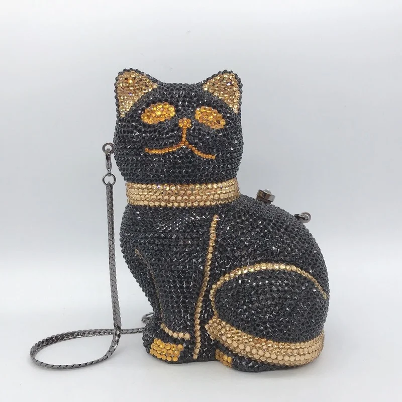 

Fashion Black Cat Shape Women Crystal Clutch Evening Bags Small Diamond Minaudiere Party Wedding Purse Luxury Designer Handbag