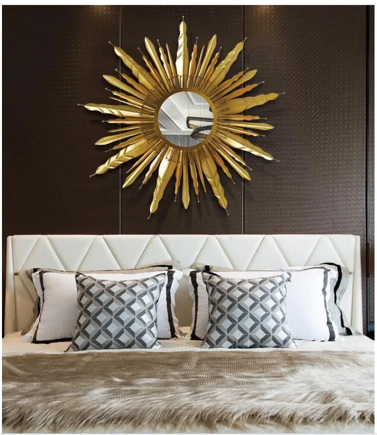 

Simple Modern Wrought Iron Sun Shape Decorative Mirror Wall Mural Decoration Hotel Livingroom Home Porch Wall Hanging Crafts Art
