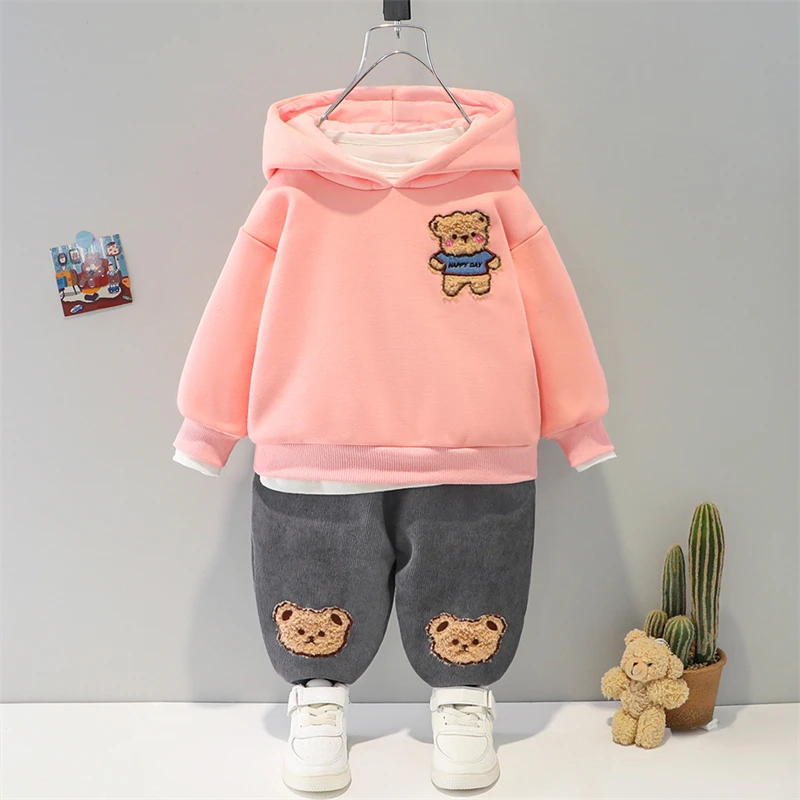 Children Warm Plush Sweater Pants Autumn Winter Cartoon Baby Girls Clothing Sets Infant Newborn Clothes Kids Hooded Sportswear