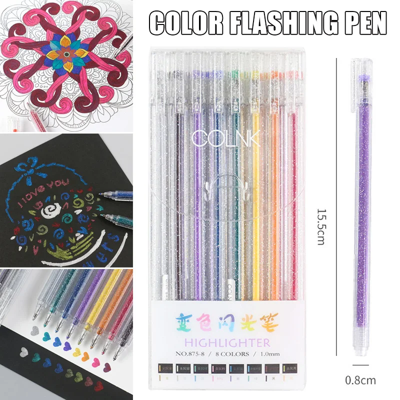 8pc/set Color-changing Highlighter Neutral Flashing Pen Flash Marker Highlighter Pen Color Change Art Pen