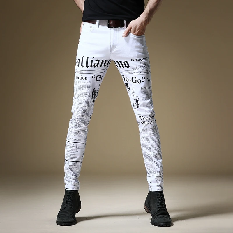 

Free shipping new fashion male men's Jeans Slim Newspaper style high street jeans tide brand hip hop white trousers Korean style