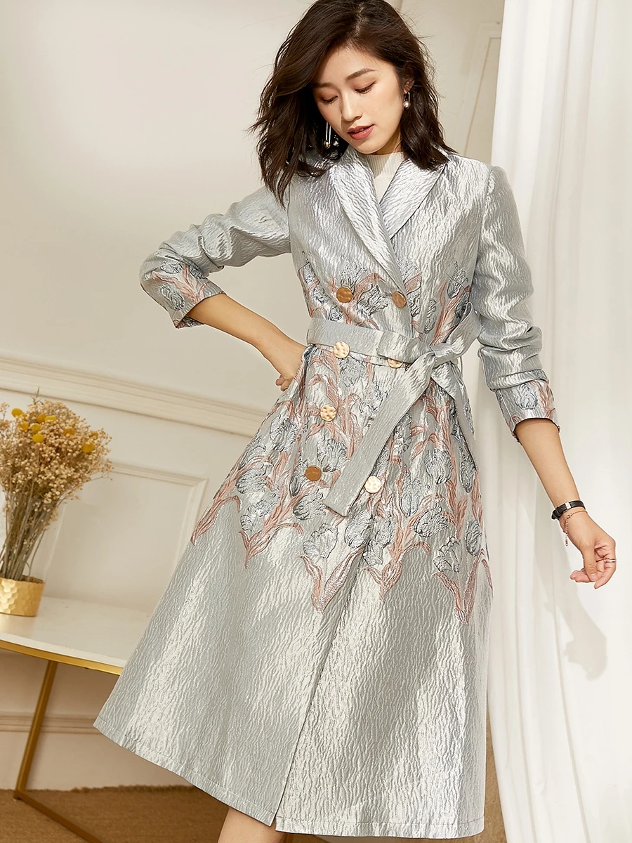 Luxury Silver Embroidery Jacquard Elegant Women Trench Coat with Belt New Spring Autumn Double Breasted Fashion OL Overcoat