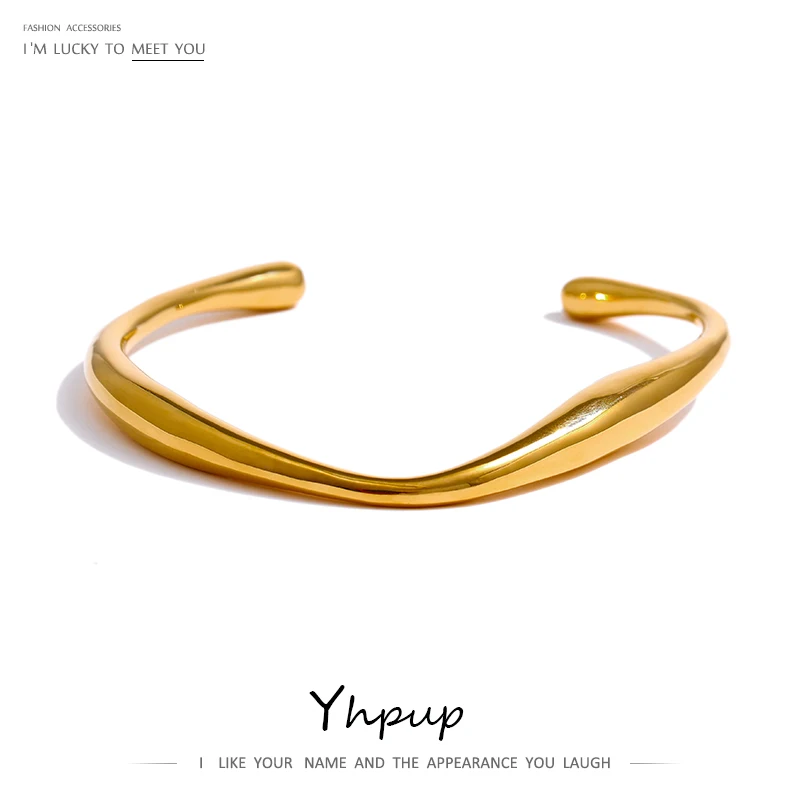 

Yhpup Opening 316 Stainless Steel Wrist Bracelet Bangle Gold Color Minimalist Texture Statement Brand Jewelry for Women Party