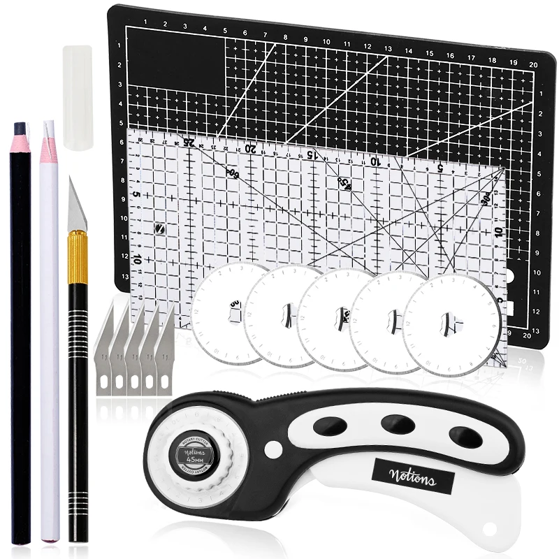 KAOBUY 16Pcs Rotary Cutter Set Fabric Rotary Cutter Carving Knife Patchwork Ruler A4 Cutting Mat For Leather Cutting Tool