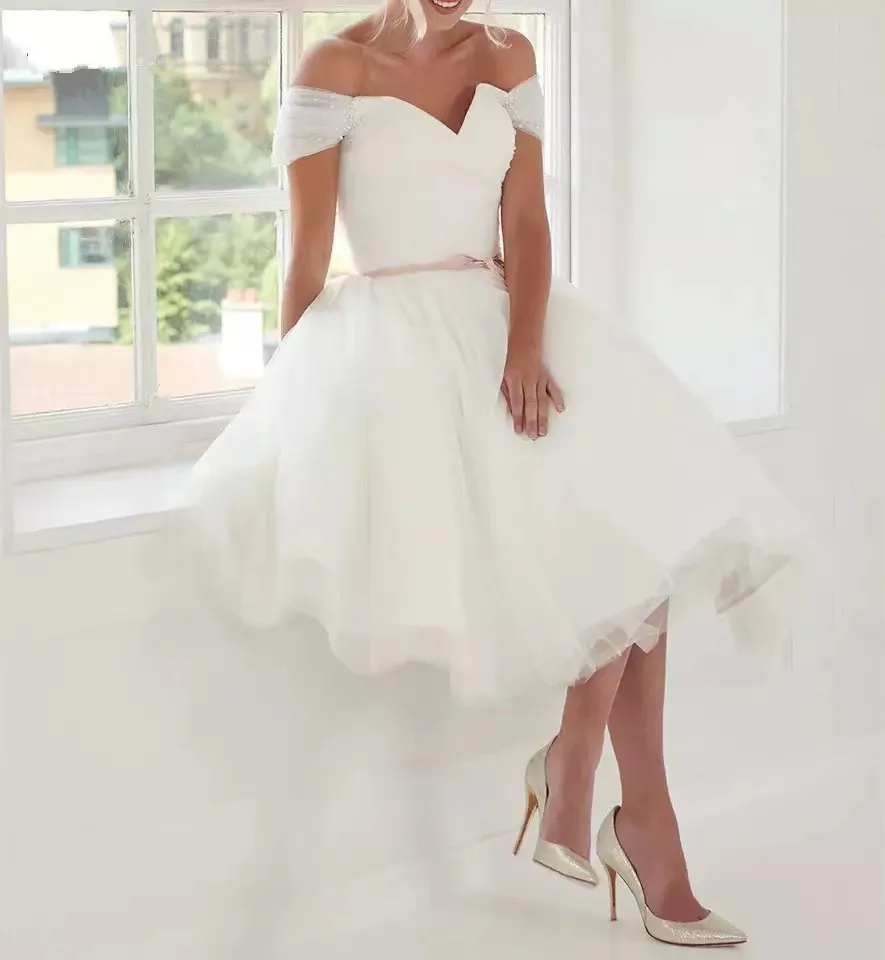 vintage-ivory-short-tulle-off-the-shoulder-wedding-dresses-tea-length-robe-de-soiree-de-mariage-bridal-gowns-with-sash