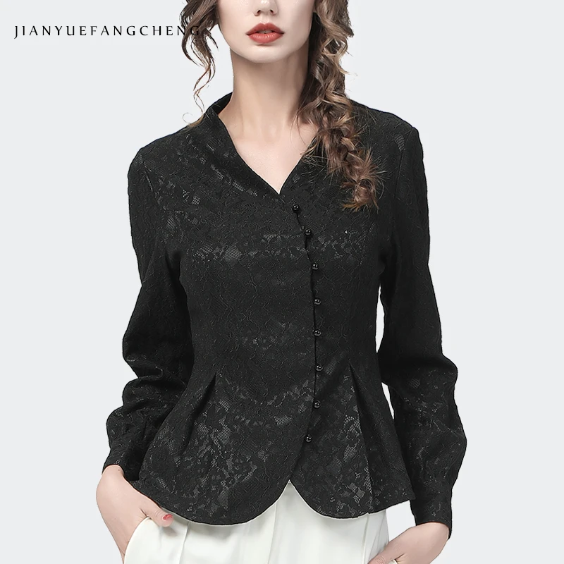 Vintage Women Lace Top Asymmetry Pearls Button Down Tunic Shirt 2021 Autumn New Long Sleeve Elegant Slim Office Ladies Blouses