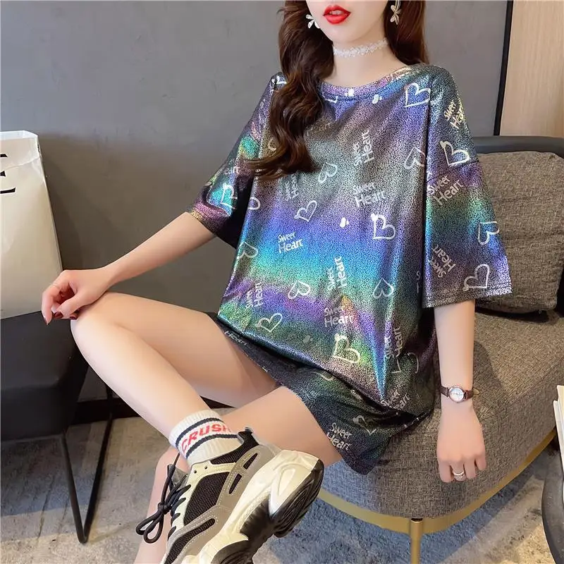 Summer Sparkling Bright of Mid-length T- shirt Net Red Korean Version kawaii Loose Short-sleeved Women y2k