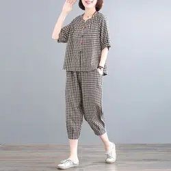 Oversized Sets Women Summer Trendy Loose Short Sleeve Shirts Suits Casual Plaid Shirt And Cropped Pants Vintage Two Piece Set