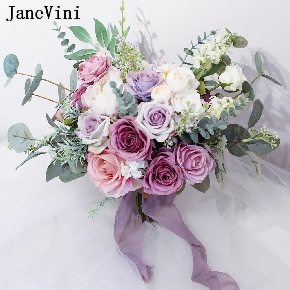 JaneVini Gorgeous Purple Flowers Bridal Hold Silk Bouquet Hydrangea Artificial Roses European Style Wedding Bouquets Decoration