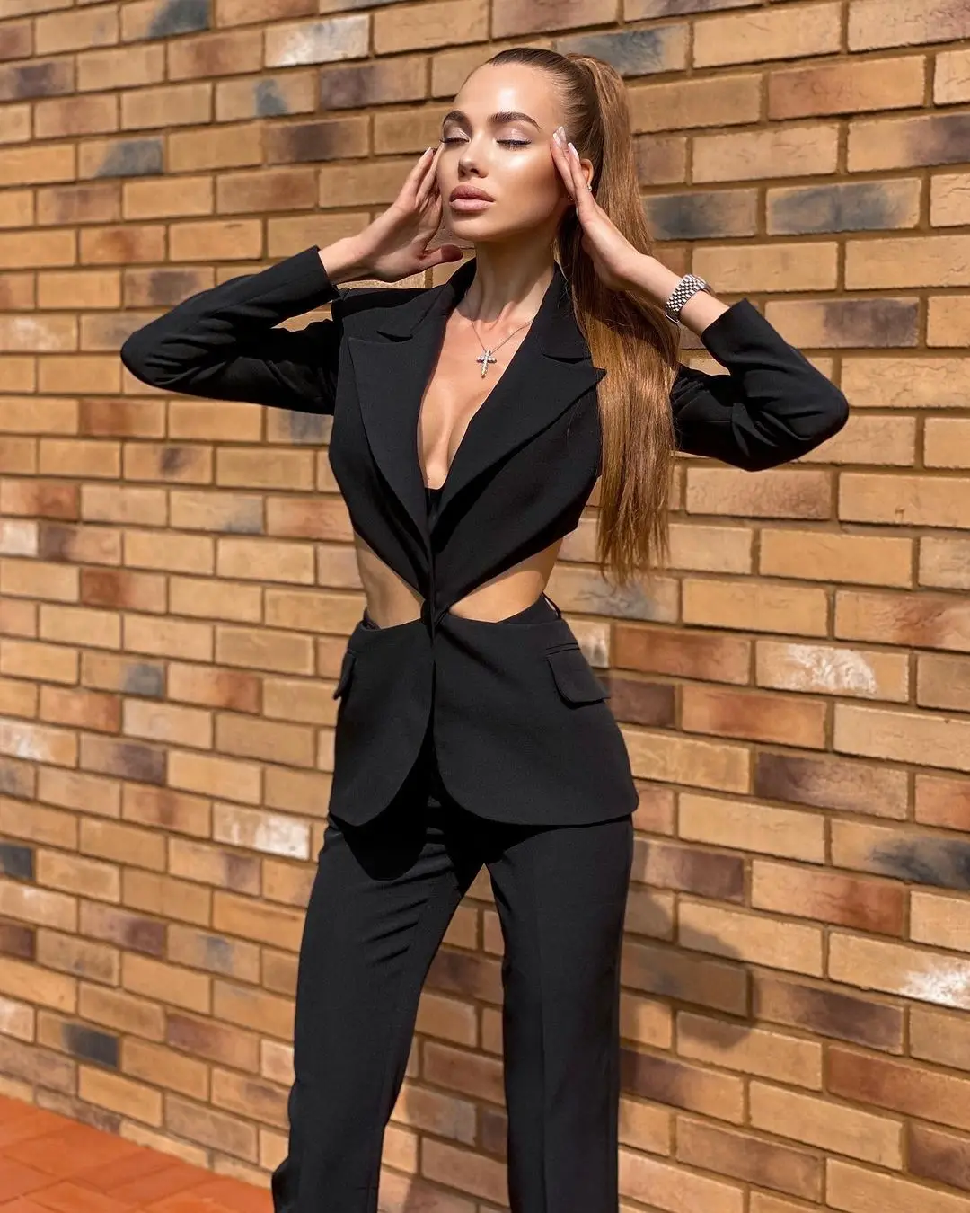 Trajes negros sexys de 2 piezas para mujer, abrigo de cintura hueca + pantalón, trajes de fiesta formales de diseño moderno para mujer, personalizados