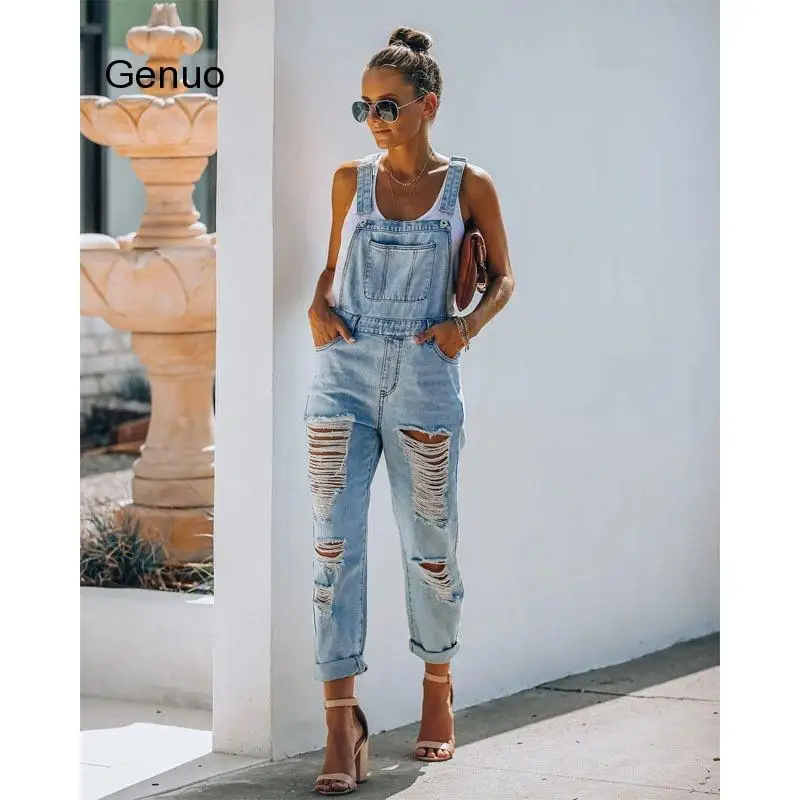 Tute E Tute Da Palestra Scava Fuori Il Disegno Del Denim delle donne Tasche Decor Sling Senza Maniche Backless di Colore Solido di Modo Casual Dritto Tute E Tute Da Palestra